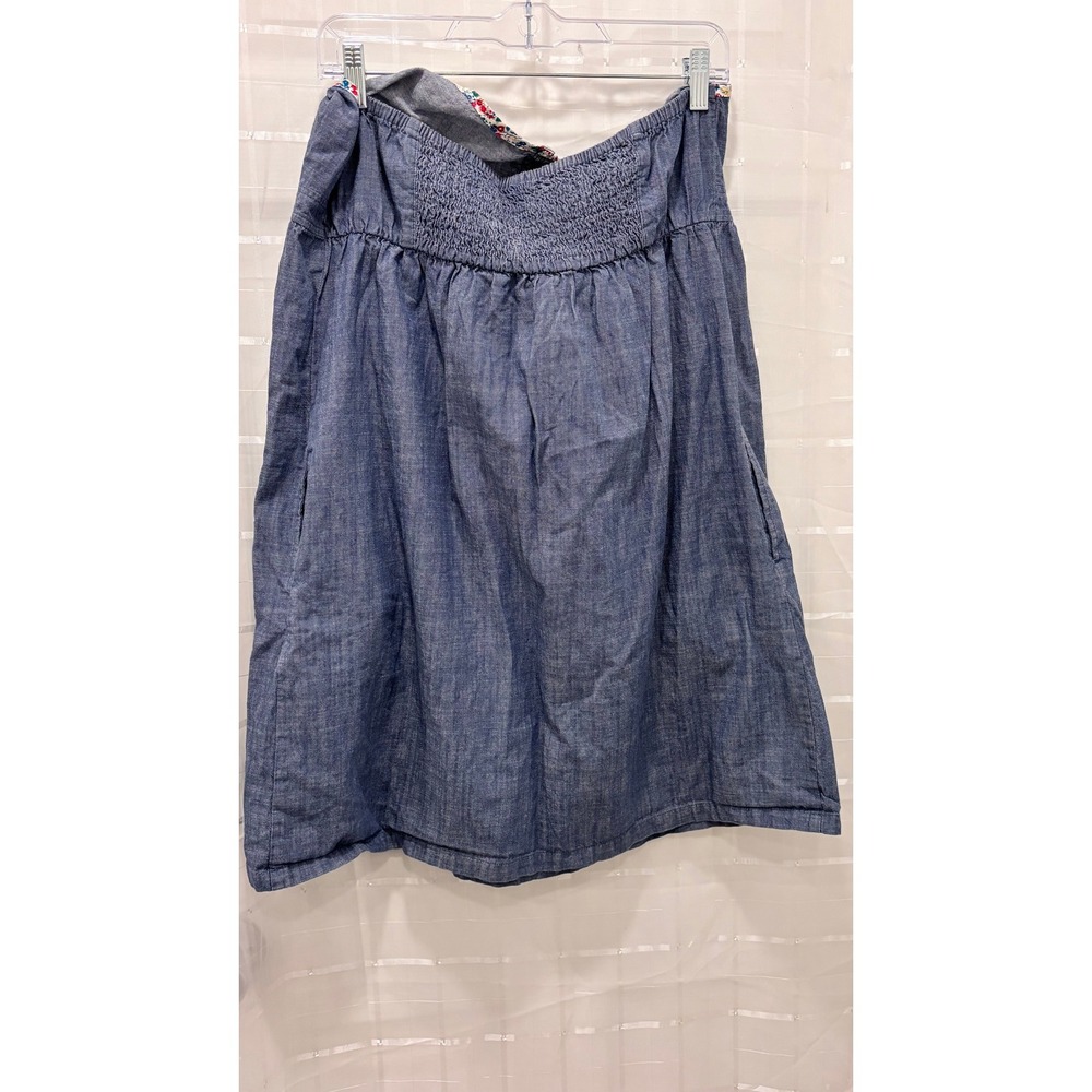 Old Navy Chambray Halter Dress Blue Cotton Floral‎ Trim Smocked Back Womens L - Picture 4 of 8
